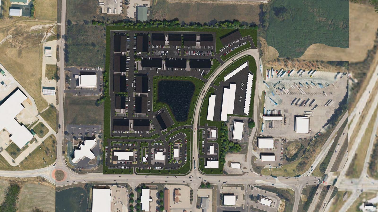 Site plan overlaid on an aerial photo showing Route 92, Bennett Boulevard and the I-35 interchange