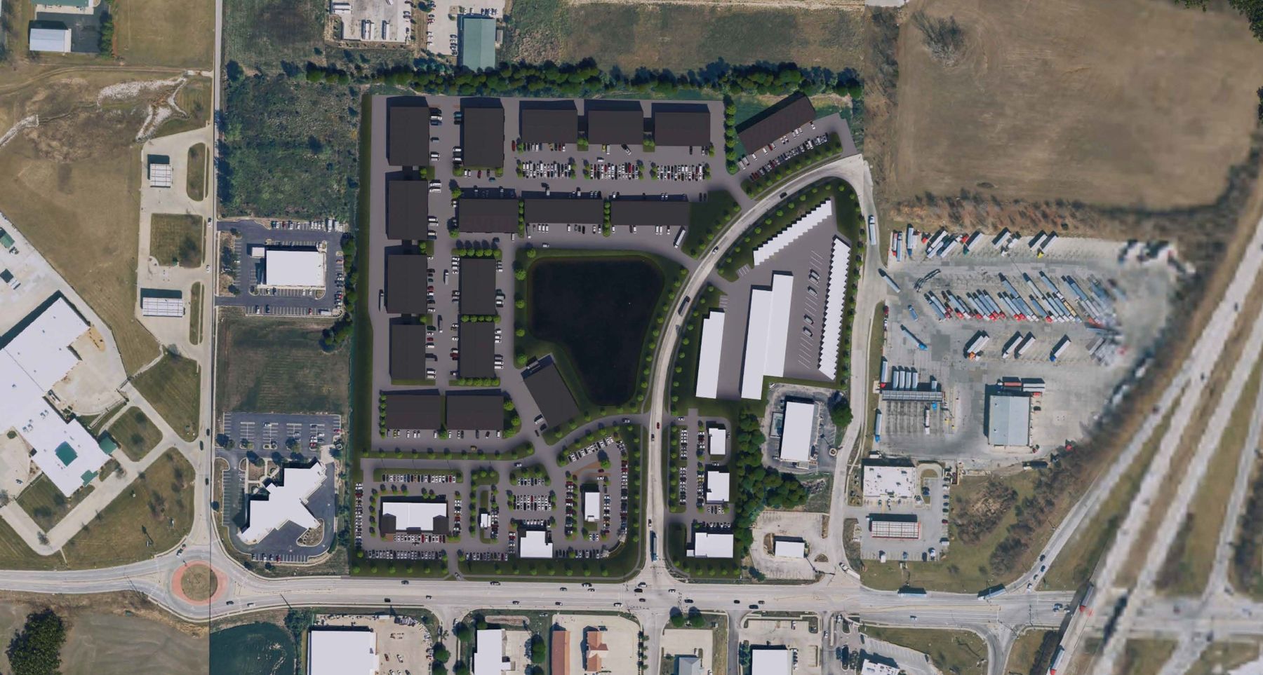 Site plan overlaid on an aerial photo showing Route 92, Bennett Boulevard and the I-35 interchange