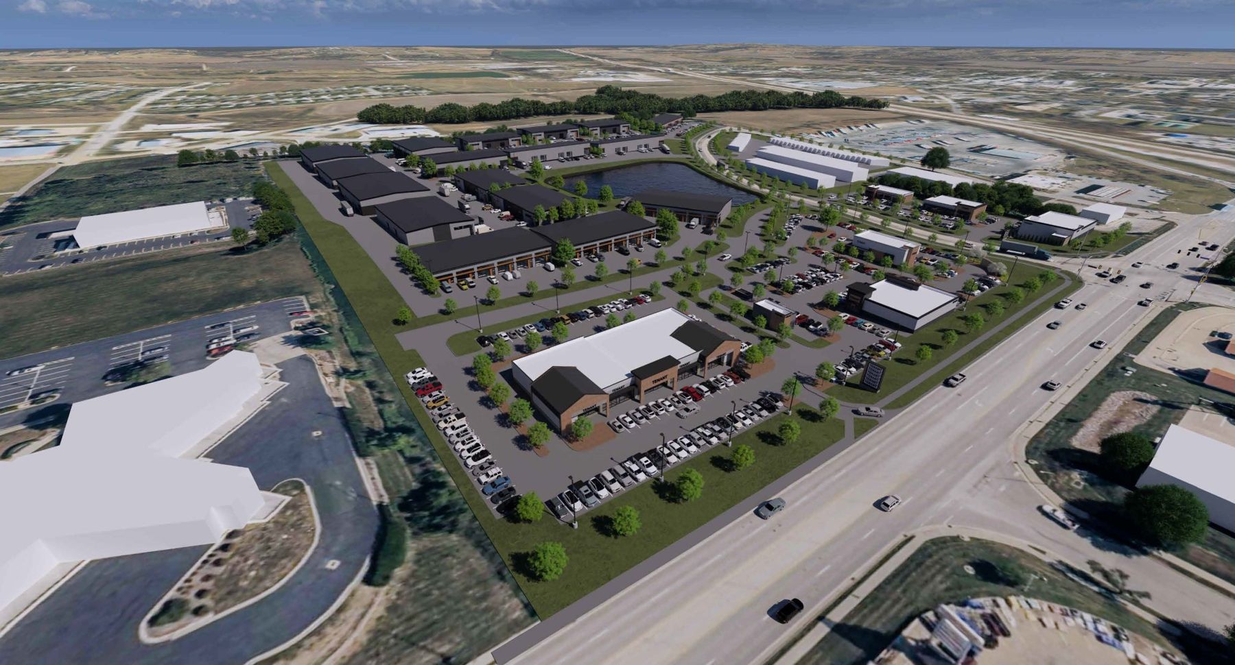 Aerial rendering of the multi-tenant retail building and restaurant pads along Route 92