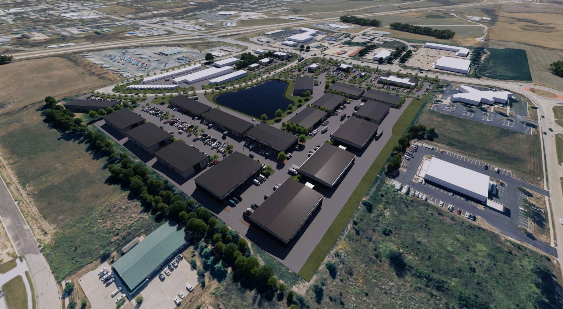 Aerial rendering of Kearney Crossing showing the flex garages, pond and Route 92 frontage with I-35 beyond